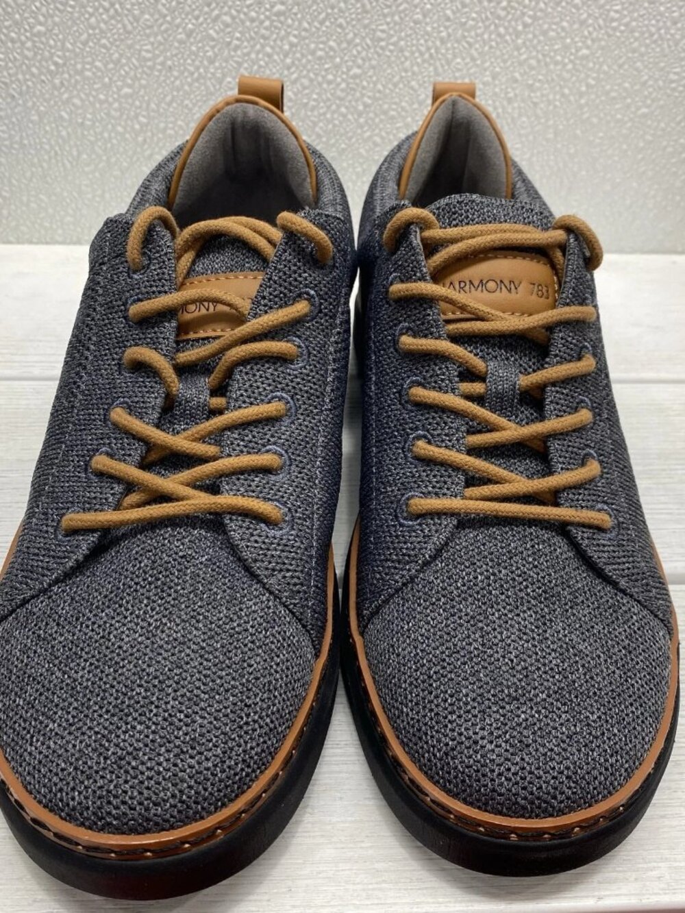 Harmony 783 Unisex Size M7 W8.5 Emerson Walker Sneakers Charcoal Cognac Knit